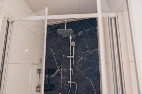 a shower in a bathroom with a marble wall at Veluwepark de Bosgraaf in Apeldoorn