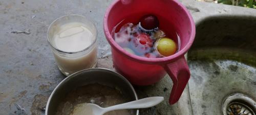 a kitchen sink with a pink mixer with eggs in it at Dream destination in Kulu