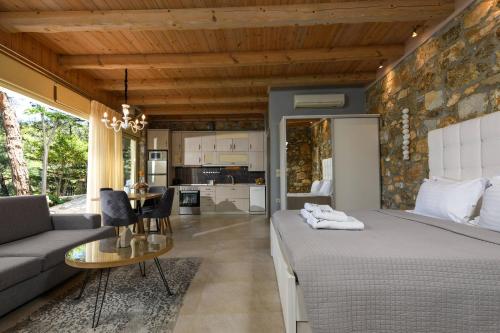 a bedroom with a bed and a couch and a table at Amicasa Private Seaside Suite in Pachis
