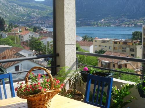 a basket of flowers on a balcony with a view at Apartments Dakovic in Kotor