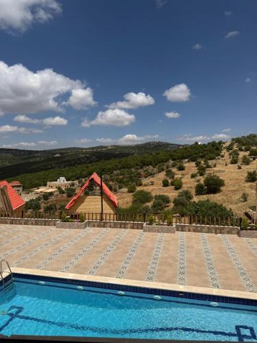 a swimming pool with a view of a hill at Green forest farm in Ajloun