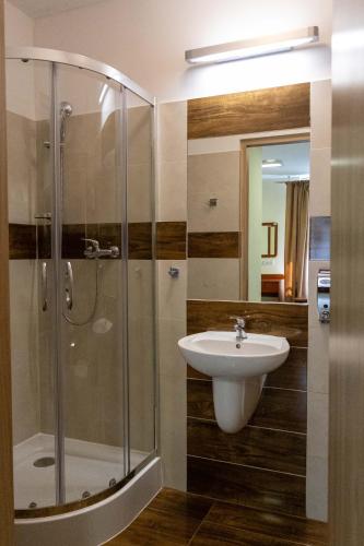 a bathroom with a shower and a sink at Kolegium Nowe PANS - hostel in Przemyśl