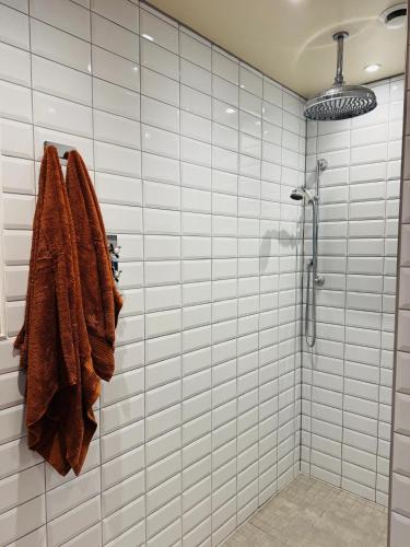 a bathroom with a shower with brown towels on the wall at The Goods Shed in Narborough