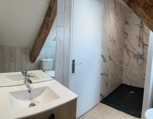 a bathroom with a sink and a shower at Les maisons de Palis in Salvagnac-Cajarc