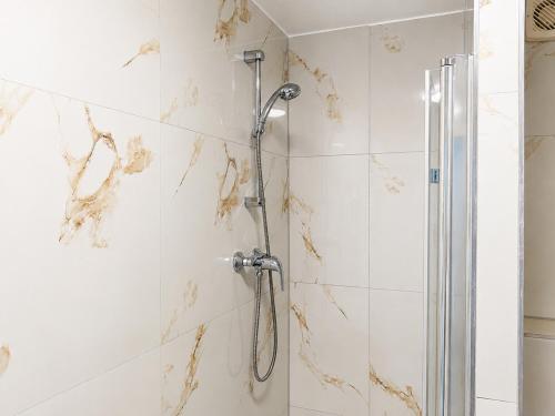 a shower in a bathroom with marble tiles at NOBLE APART Saarbrücken City Center in Saarbrücken