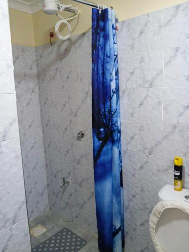 a shower with a blue shower curtain in a bathroom at Bnb Studio Oasis Homes in Machakos