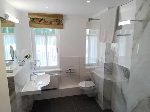 a white bathroom with a toilet and a sink at Fürstenhof Wernigerode Garni in Wernigerode