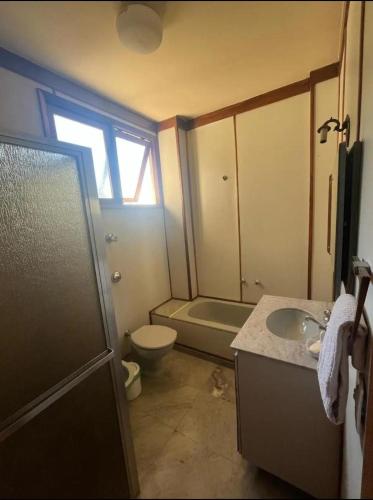 a bathroom with a sink and a toilet and a window at Quarto Iucas in Teresópolis