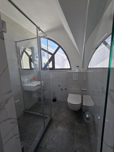 a bathroom with a shower and a toilet and a sink at Vila La Familia in Budžak