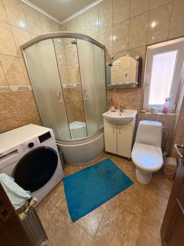 a bathroom with a shower and a toilet and a sink at Zatishok Guest House in Rakhiv
