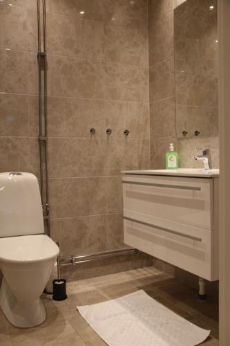 a bathroom with a shower and a toilet and a sink at Staylong Hotell in Täby