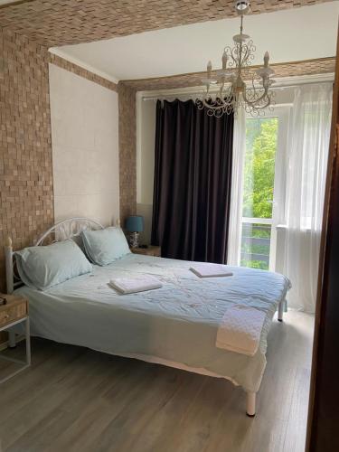 a bedroom with a bed with a chandelier and a window at Hotel Tys in Dilove