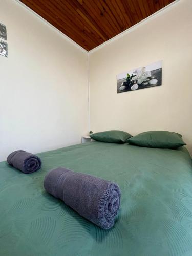 a bedroom with a large bed with two pillows at L'essentiel Gare d'Oullins - 3 chambres - 15 min de Lyon in Oullins
