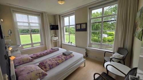 two beds in a room with two windows at Hotel Restaurant Roerdinkhof in Winterswijk
