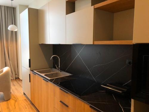 a kitchen with a sink and a counter top at Mece Hotel Tirana in Tirana