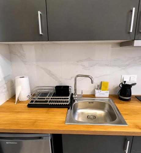 a kitchen counter with a sink and a stove at Aleksandra Delfini Apartments in Paralia Katerinis