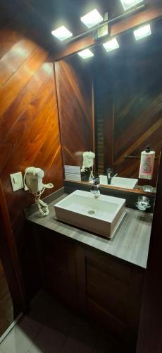 a bathroom with a white sink and a mirror at Hotel Domus Auditorium Suites in Villa Carlos Paz