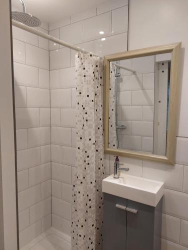 a bathroom with a sink and a shower with a mirror at Charming 1 bedroom self-contained first floor flat in Wellington
