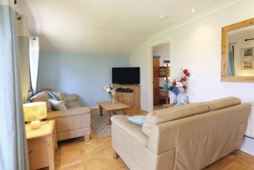 a living room with a couch and a tv at Blaen Cedi Holiday Cottages in Swansea