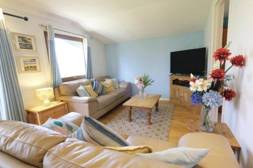a living room with a couch and a tv at Blaen Cedi Holiday Cottages in Swansea