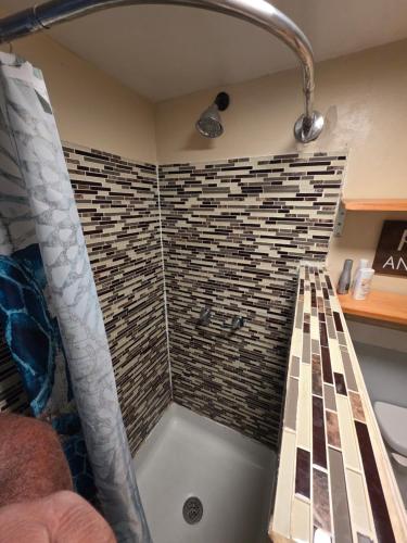 a bathroom with a shower with a tile wall at The Cottage in Dagsboro