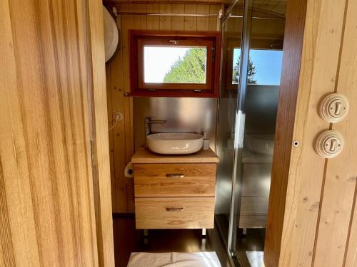 a small bathroom with a sink and a shower at Penzion Stanský Mlýn in Hlinsko