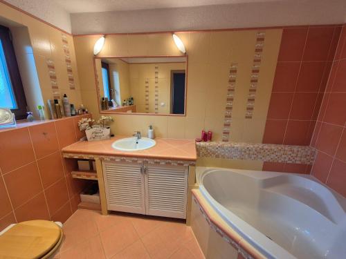 a bathroom with a tub and a sink at Wellness Villa close to Prague in Kuchař