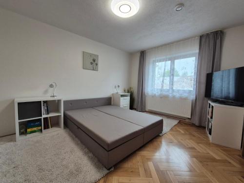 a bedroom with a large bed and a flat screen tv at Wellness Villa close to Prague in Kuchař