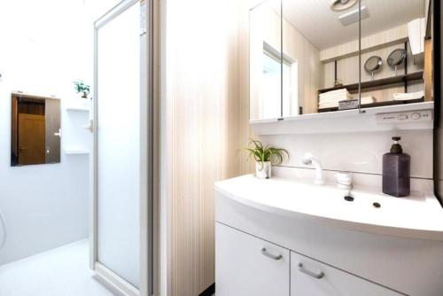 a bathroom with a white sink and a shower at HOTEL StayLuck MARUGAME - 無料駐車場 in Marugame