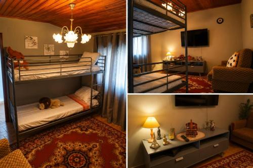 two pictures of a bedroom with bunk beds and a living room at Alojamento Excalibur in Meda