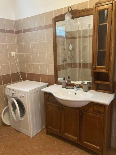 a bathroom with a sink and a washing machine at La Perla Villa del Lago in Paloznak