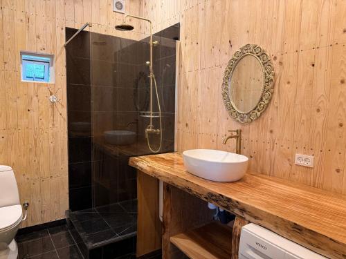 a bathroom with a sink and a shower with a mirror at Bornholm Eco Suites in Klemensker