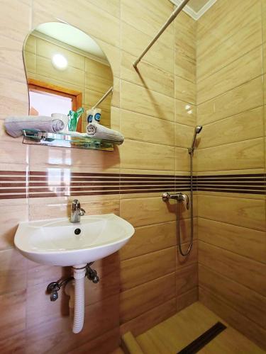 a bathroom with a sink and a shower at Apartment & Rooms Tempera in Neum