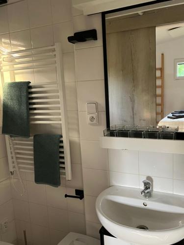 a bathroom with a sink and a mirror at Tiny House Krumlov, Terrace, Parking in Český Krumlov