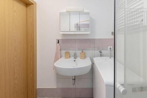 a bathroom with a sink and a mirror at 3 Rivers Apartment in Radovljica