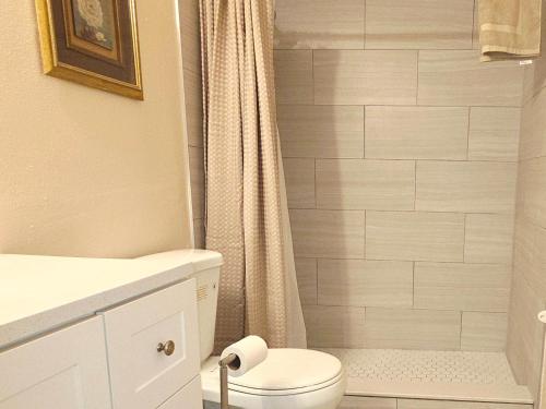 a bathroom with a white toilet and a shower at White Door House! in Winter Haven