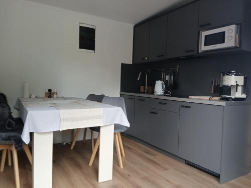 a kitchen with a white table and a microwave at U Přejezdu in Česká Lípa