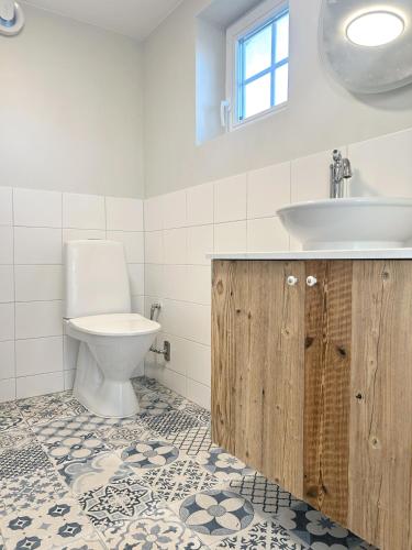a bathroom with a sink and a toilet at Minihus i lantlig miljö nära havet in Smygehamn