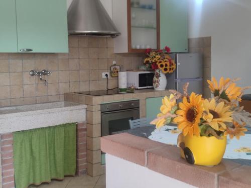 a kitchen with a yellow vase with flowers on the counter at Il Casaletto di Simonetta in Acquasparta