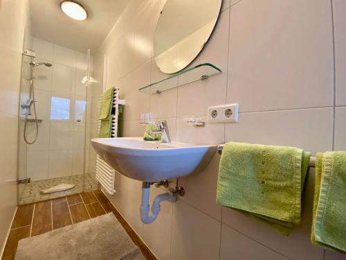 a bathroom with a sink and a mirror and a shower at Ferienhaus Oberhuben in Fügenberg