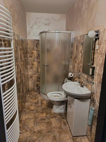 a bathroom with a shower and a toilet and a sink at Boutique Hotel Empress in Rožňava