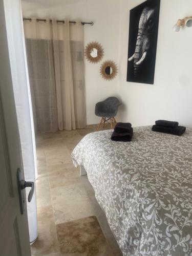 a bedroom with a bed and a chair and a mirror at Gîte chez l'habitant indépendant "La villa des ocres" in Gargas