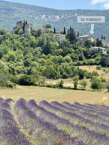 a field of lavender with a castle in the background at Portail Sainte Marie in Montbrun-les-Bains