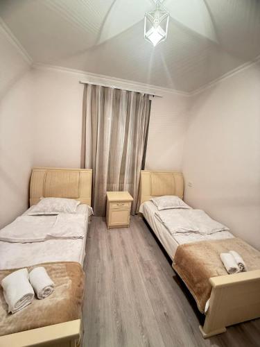 a bedroom with two beds and a chandelier at Dilisharm in Dilijan