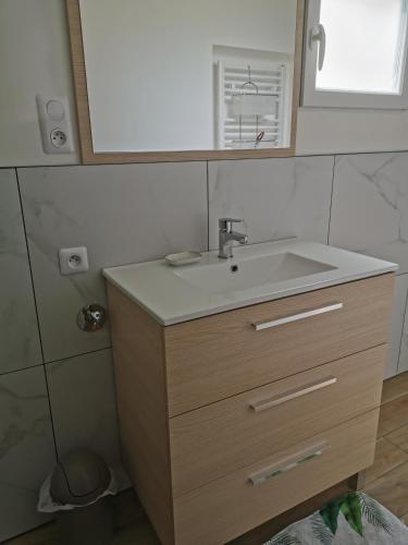 a bathroom with a sink and a mirror at La douce Campagne in Flavigny-le-Grand-et-Beaurain