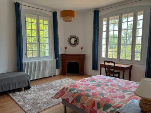 a bedroom with a bed and two windows and a fireplace at Chambre spacieuse in Pineuilh