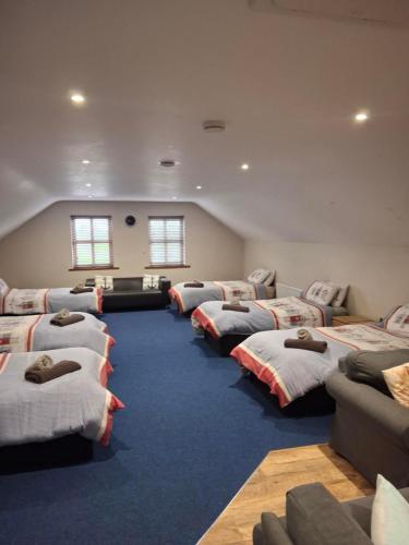 a room with a bunch of beds in it at Reubens Loft for 1 to 6 person Family 4 miles outside Portrush Bushmills Coleraine Ballymoney in Bushmills