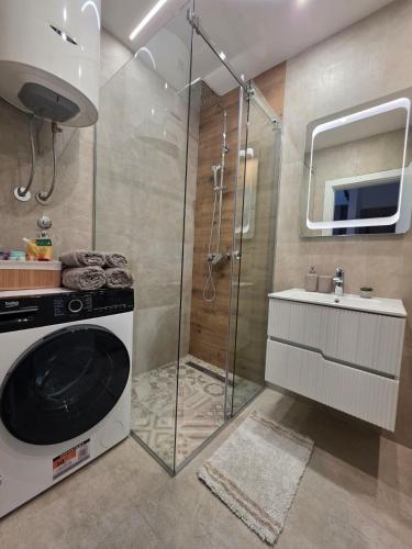 a bathroom with a shower and a washing machine at Gold Apartman in Pančevo