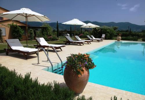 a swimming pool with lounge chairs and umbrellas at La Cascina nel Roseto in Rigutino
