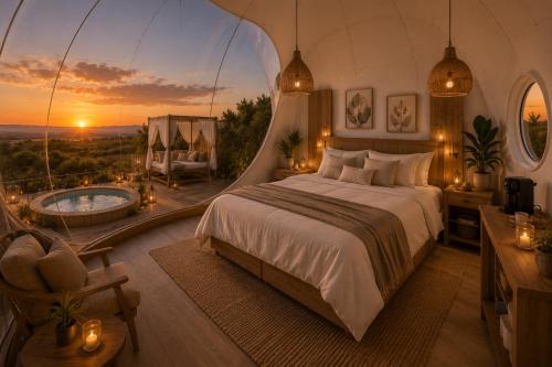 a bedroom with a large bed and a sunset at Buba Glamp - Hotel Burbuja in Blascoeles